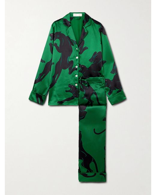 Olivia Von Halle Green Lila Printed Silk-Satin Pajama Set