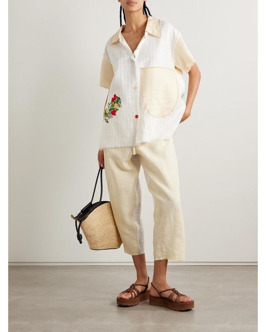 Thank You Have A Good Day Natural Appliquéd Frayed Two-Tone Linen Shirt