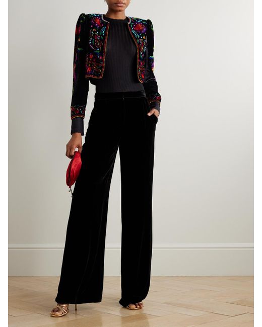 Saloni Black Vika Cropped Beaded Printed Velvet Jacket
