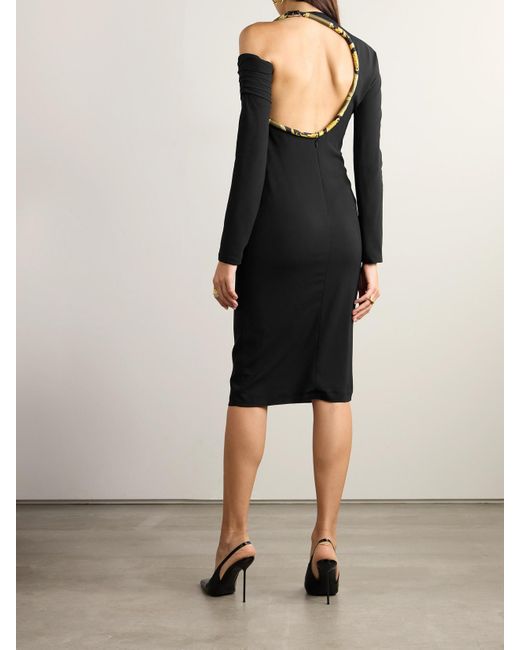 Robe Midi Asymétrique Dos Ouvert En Cady À Finitions En Serge De Soie Imprimée À Fronces Versace en coloris Black