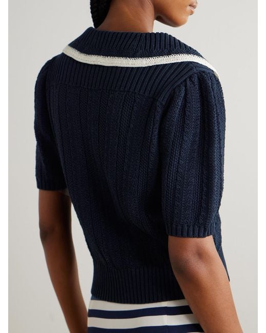 Rixo Blue Pippa Bow-Detailed Two-Tone Cotton Sweater