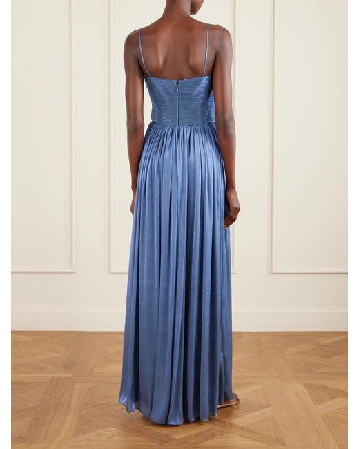 Costarellos Blue Sereen Draped Pleated Metallic Georgette Gown