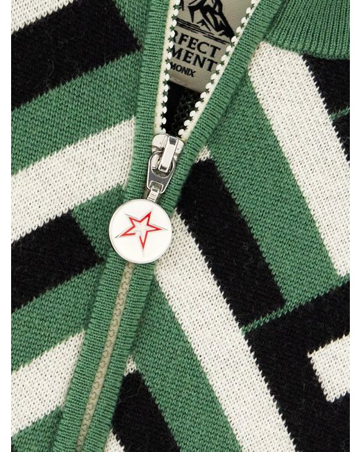 Perfect Moment Green La Tour Jacquard-Knit Merino Wool Half-Zip Sweater