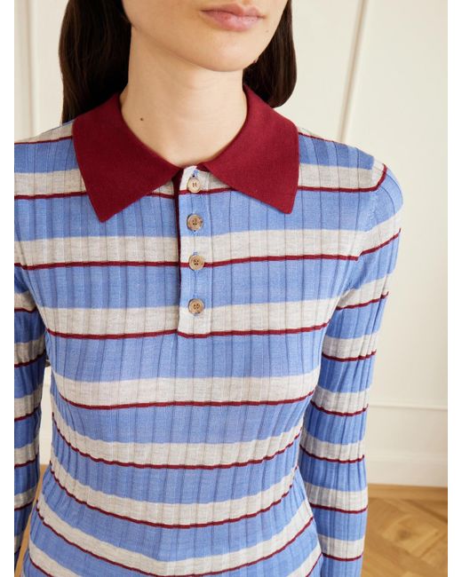 Brandon Maxwell Blue The Joni Striped Silk And Cashmere-Blend Polo Sweater