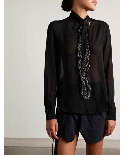 Isabel Marant Black Elaura Tie-Neck Bead-Embellished Silk-Chiffon Blouse