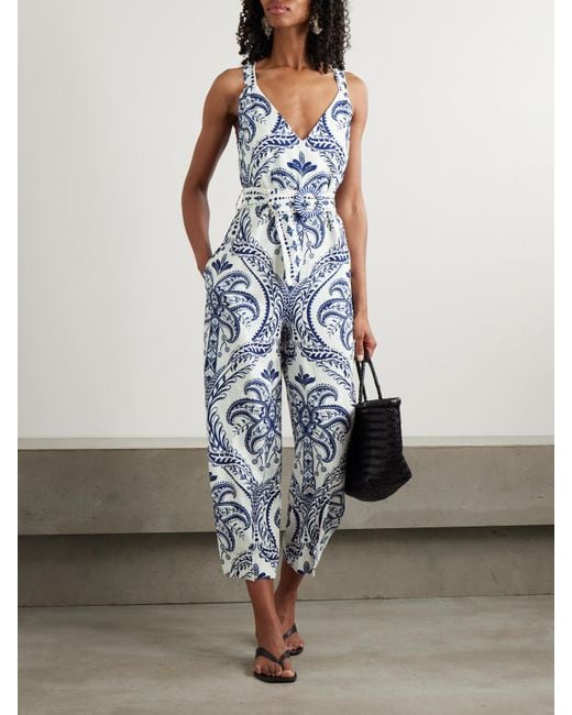 Farm Rio Blue Jumpsuit Aus Einer Bedruckten Mischung Aus Leinen Und Lenzing-Ecovero Mit Gürtel