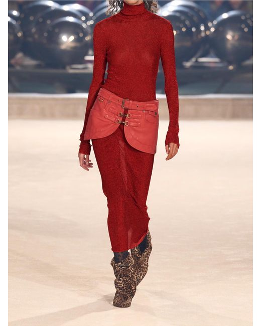 Isabel Marant Red Josita Metallic Ribbed-Knit Turtleneck Maxi Dress