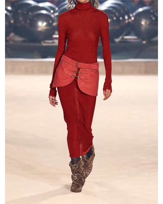 Isabel Marant Red Josita Metallic Ribbed-Knit Turtleneck Maxi Dress