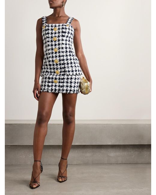 Balmain Blue Button-Embellished Frayed Tweed Mini Dress