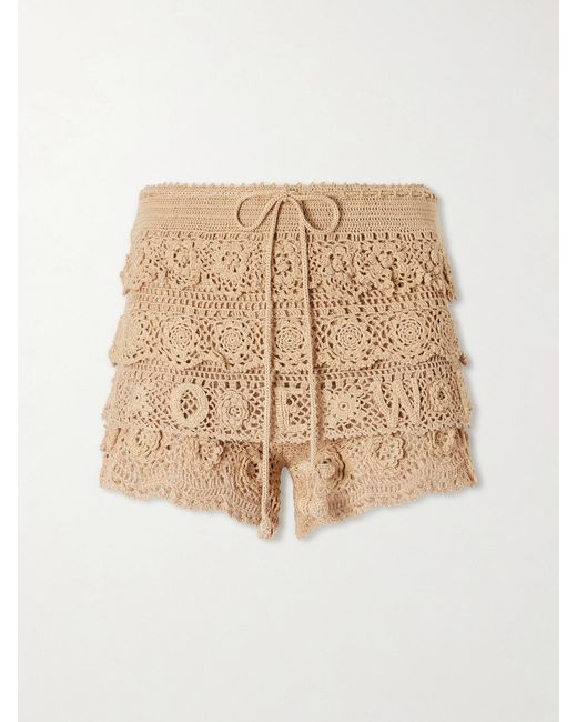 Loewe Natural Paula's Ibiza Ruffled Crocheted Cotton Drawstring Shorts