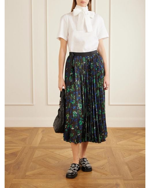 Sacai Black Belted Grosgrain-Trimmed Pleated Floral-Print Georgette Midi Skirt