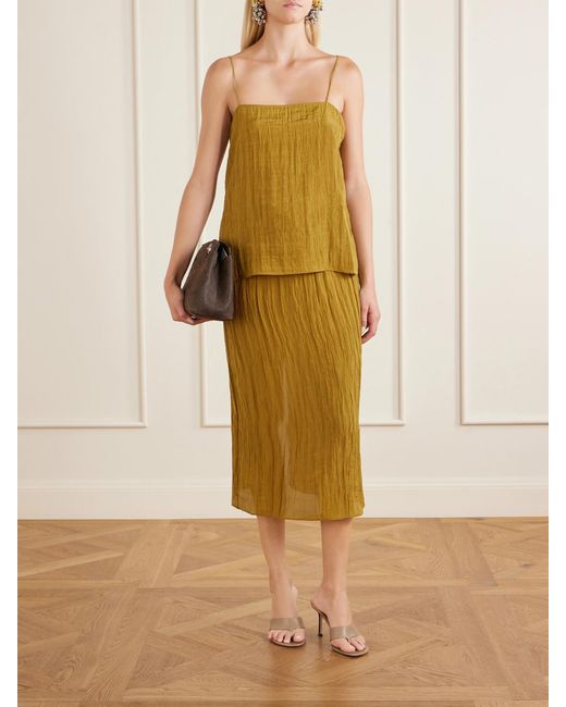 Tibi Green Crinkle Charmeuse Midi Skirt