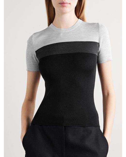 Theory Black Color-Block Ribbed Silk T-Shirt