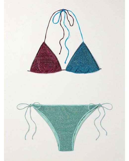 Oseree Blue Lumière Color-Block Lurex Halterneck Triangle Bikini