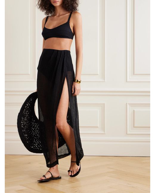 Lisa Marie Fernandez Black Pleated Crinkled Linen-Blend Gauze Pareo