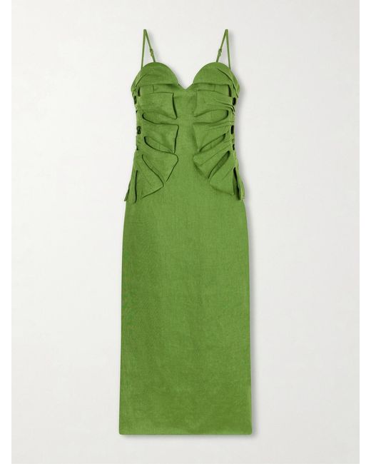 Farm Rio Green Monstera Leaf Linen Midi Dress
