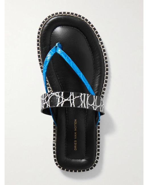 Dries Van Noten Blue Whipstitched Croc-Effect Leather Sandals