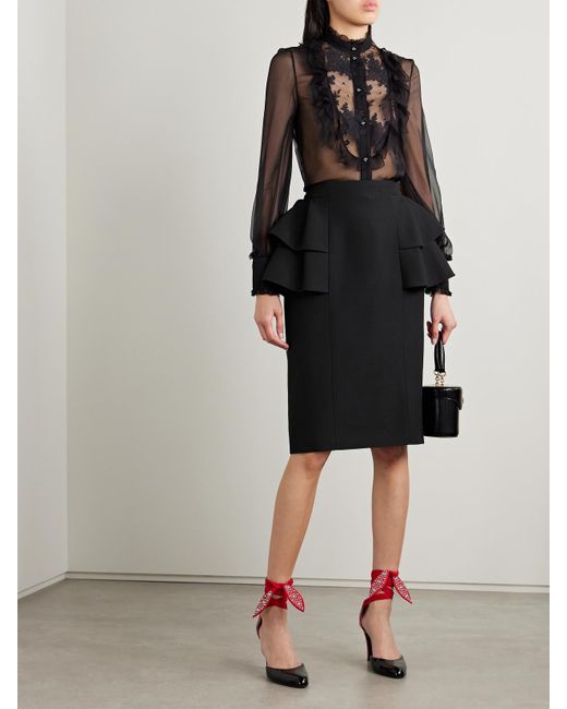 Valentino Garavani Black Midirock Aus Crêpe Aus Einer Woll-Seidenmischung Mit Rüschen