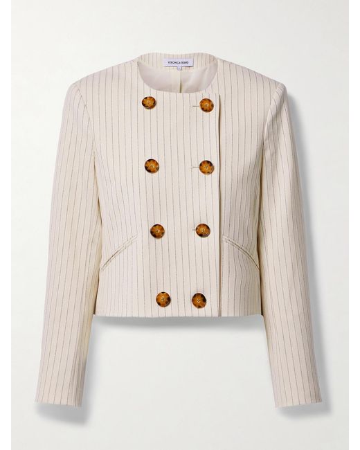 Veronica Beard Natural Winslow Double-Breasted Pinstriped Jacquard Jacket
