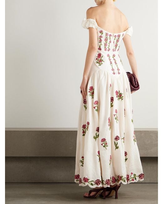 Agua Bendita Natural Siembra Off-The-Shoulder Appliquéd Embroidered Printed Linen Maxi Dress