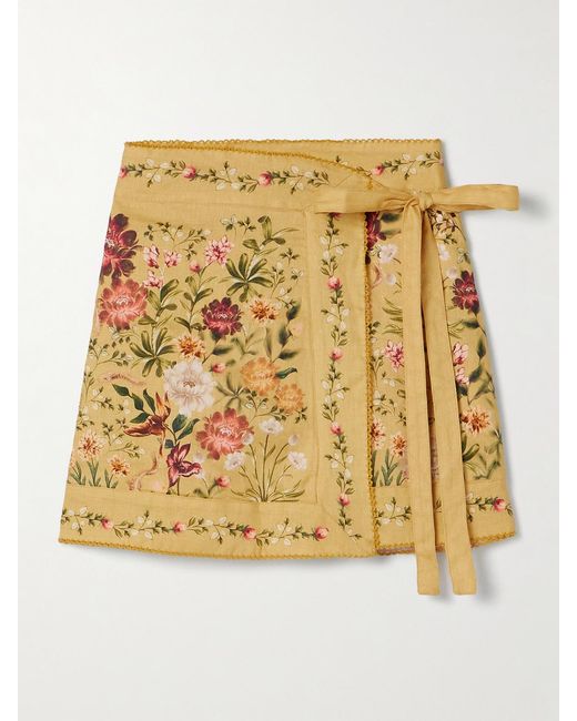 Agua Bendita Metallic Luna Paramo Floral-Print Linen Mini Wrap Skirt