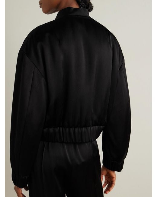 Another Tomorrow Black Cropped Satin Bomber Jacket