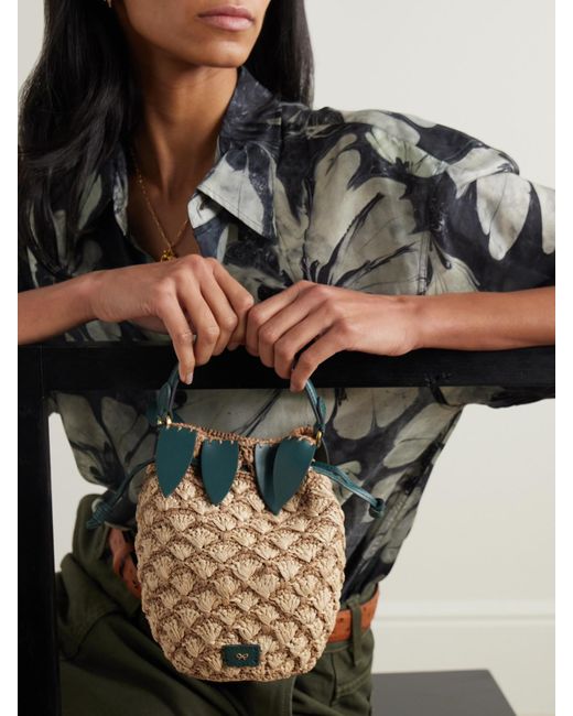 Anya Hindmarch Pineapple Leather-Trimmed Raffia Bucket Bag