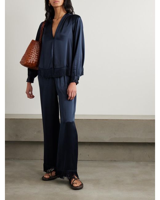 Chemisier En Soie Noire à Franges American Retro - Taille M, Col Mao, Sans Manches - Occasion Très Bon état