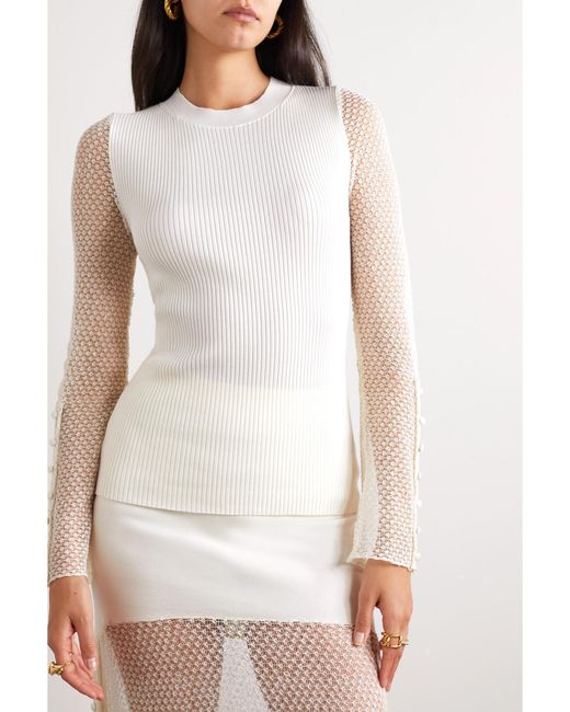 Chloé White Ribbed Wool-Blend And Pointelle-Knit Linen-Blend Top