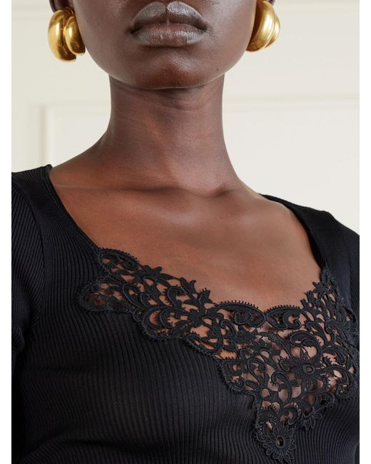 Saint Laurent Black Guipure Lace-Trimmed Ribbed-Silk T-Shirt