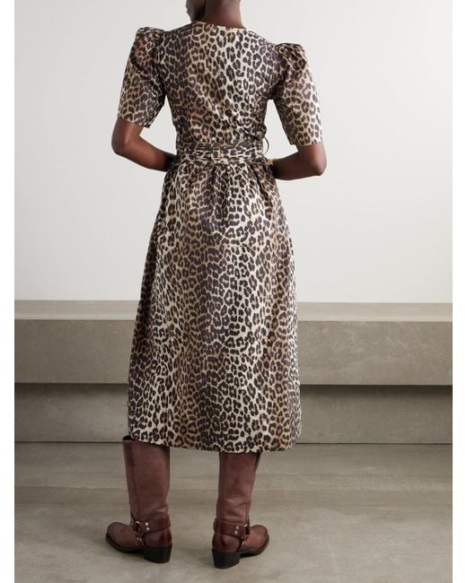 Ganni Multicolor Belted Bow-Embellished Leopard-Print Cotton-Poplin Midi Dress