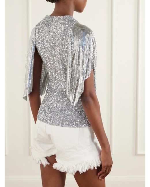 Rabanne Gray Chainmail-Trimmed Sequined Mesh Blouse