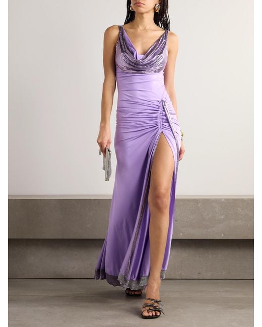 Rabanne Purple Chainmail-Trimmed Ruched Satin-Jersey Maxi Dress