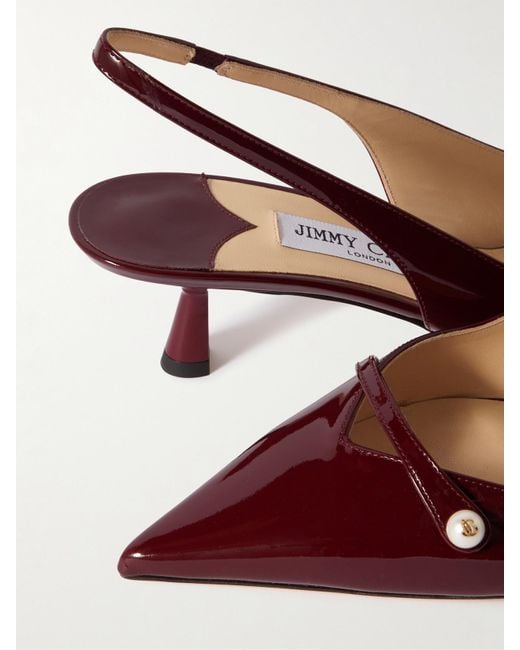 Jimmy Choo Brown Amita 45 Faux Pearl-Embellished Patent-Leather Slingback Pumps