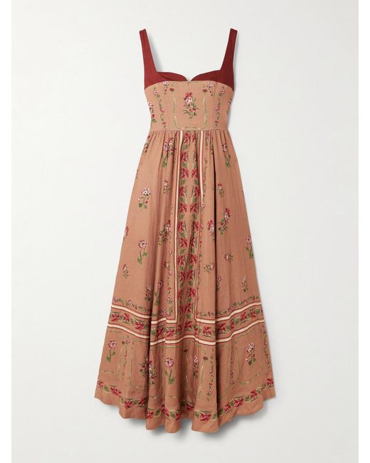Agua Bendita Brown Jaspe Floral-Printed Linen Maxi Dress