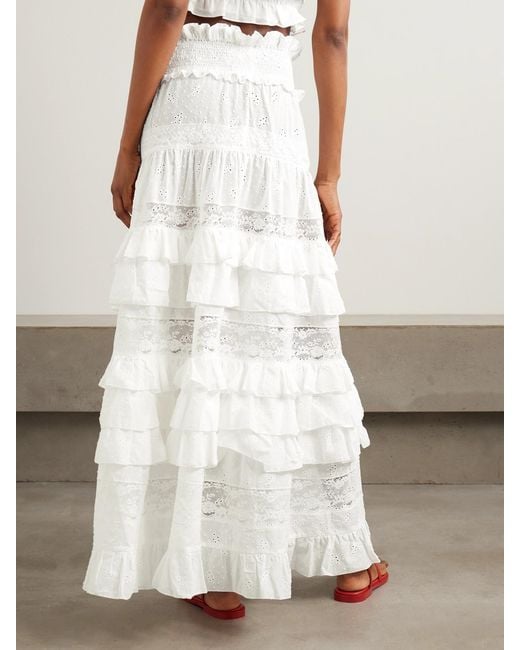 Loretta Caponi White Tina Tiered Ruffled Lace-Trimmed Broderie Anglaise Cotton Maxi Skirt