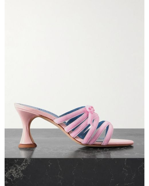 Manolo Blahnik Pink Clementel 70 Velvet-Trimmed Satin Mules