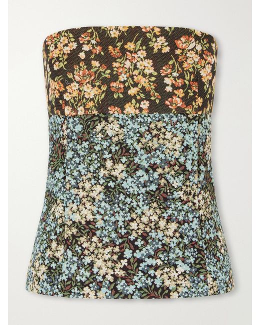 Dries Van Noten Green Strapless Floral-Jacquard Blouse