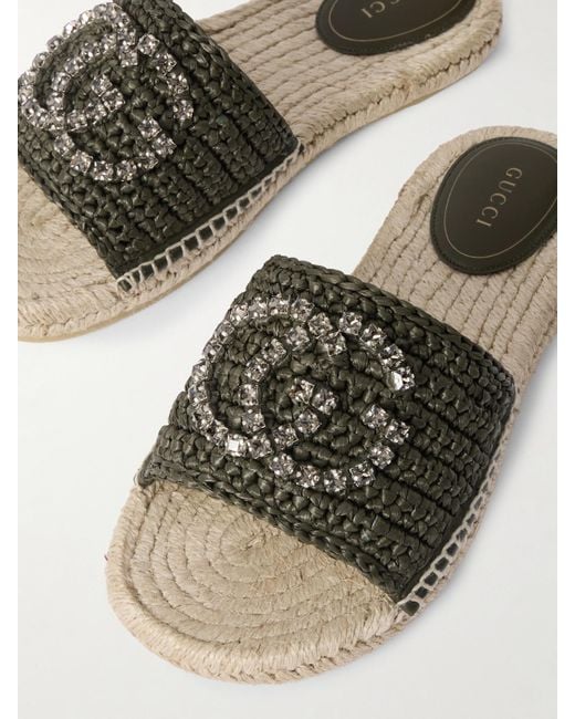Gucci Green Cora Crystal-Embellished Raffia Espadrille Slides