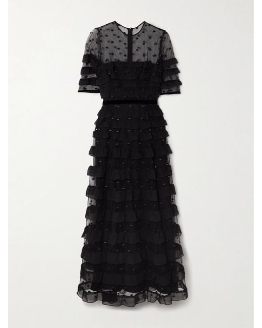 Costarellos Black Velvet-Trimmed Point D'Esprit And Ruffled Chiffon Midi Dress