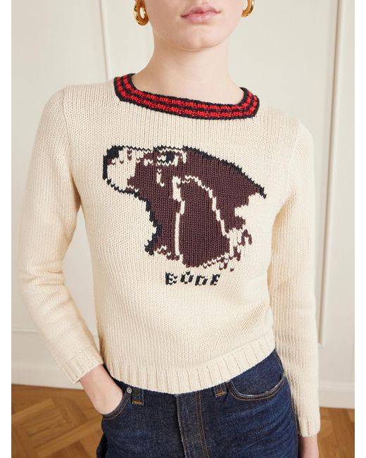 Bode Natural Spaniel Intarsia Pima Cotton And Merino Wool-Blend Sweater