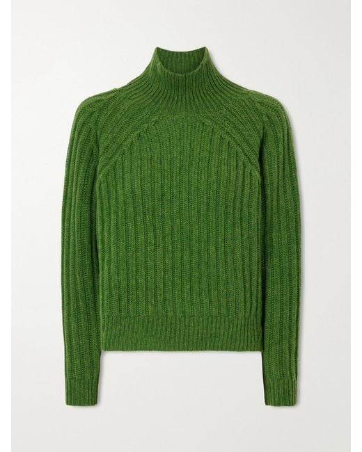 Allude Green Ribbed Cashmere Turtleneck Sweater