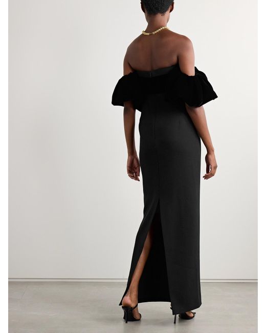 Oscar de la Renta Black Off-The-Shoulder Velvet-Trimmed Wool-Blend Cady Maxi Dress