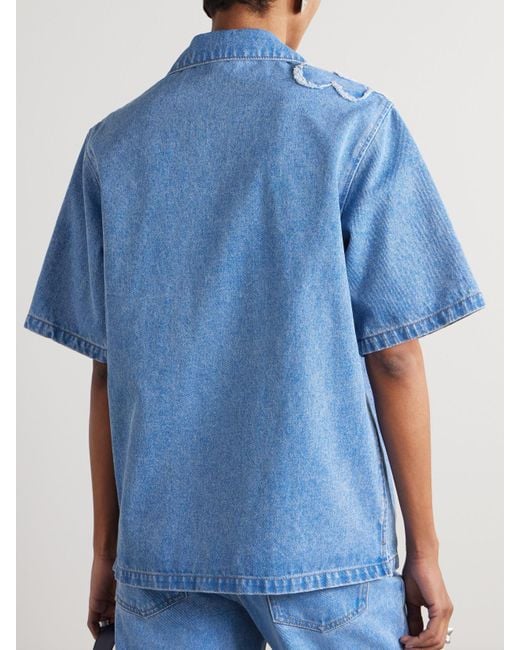 Marni Blue Embroidered Frayed Denim Shirt