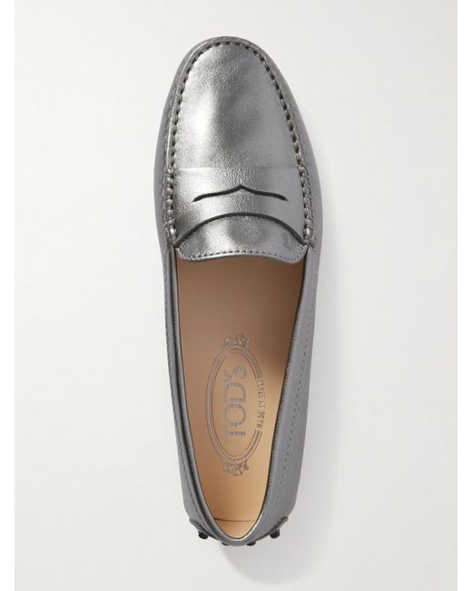 Tod's Gray Gommino Loafers Aus Metallic-Leder