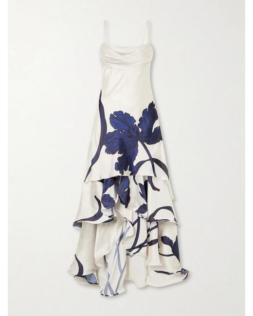 ANDRES OTALORA White Inoportuna Printed Ruched Ruffled Satin Maxi Dress