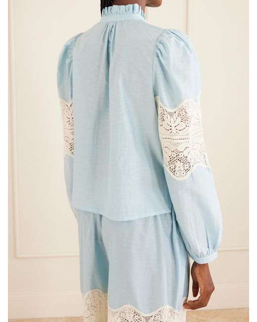 Alix Of Bohemia Blue Annabel Sky Lace-Trimmed Cotton And Silk-Blend Blouse