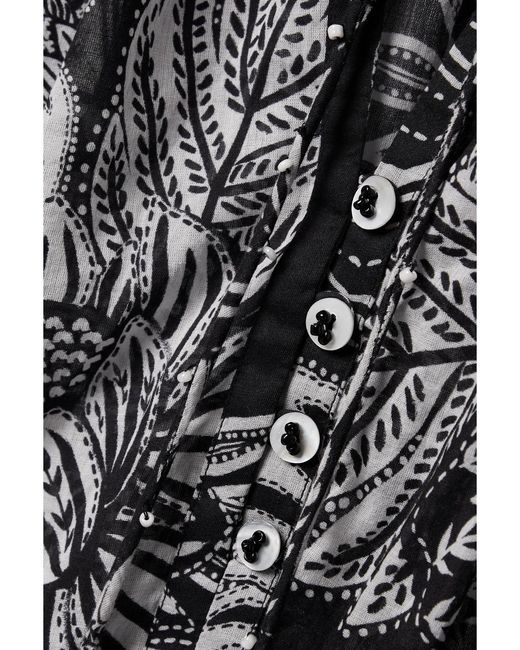 Farm Rio Black Tie-Detailed Bead-Embellished Printed Cotton-Voile Blouse