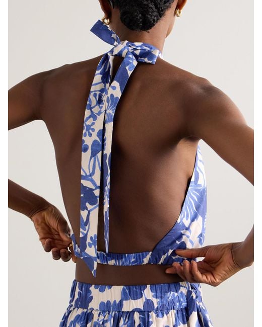 Cara Cara Blue Seattle Gathered Floral-Print Cotton-Poplin Halterneck Top
