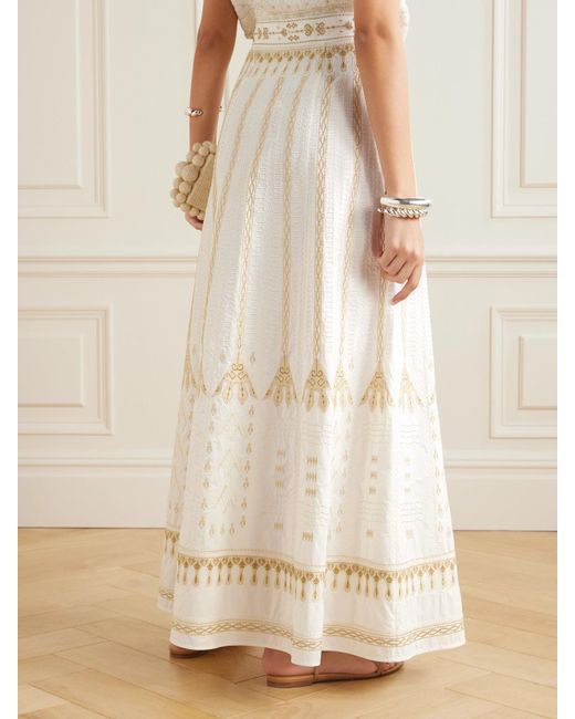 Emporio Sirenuse Natural Camille Calliope Paneled Embroidered Cotton-Blend Poplin Maxi Skirt